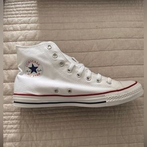 Converse All Star High Tops, Optical White with a Jack Daniels Old #7 logo.